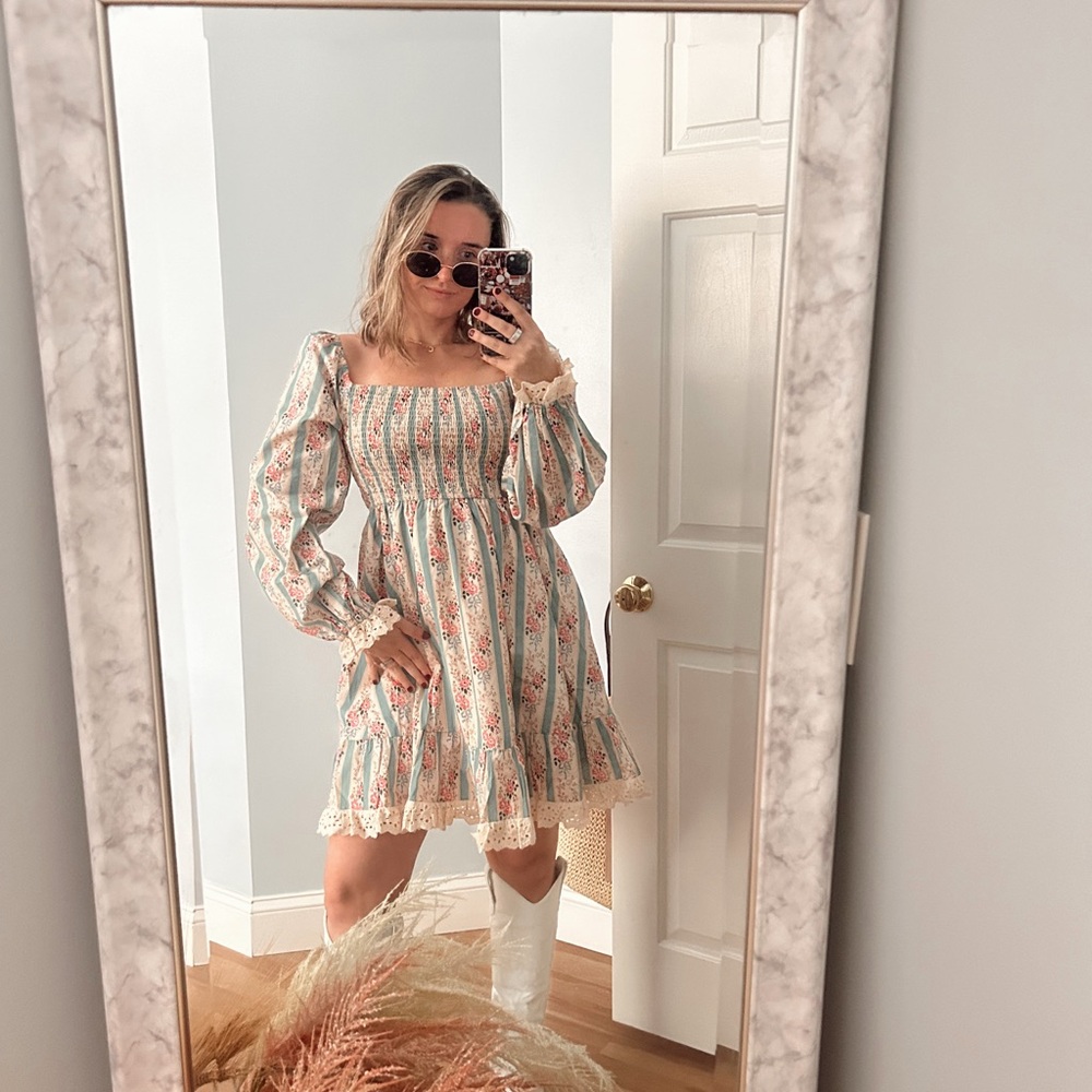 Floral Smocked Square-Neck Mini Dress - Cream & Blue